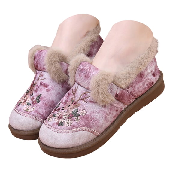 YLYL Women's Winter Shoes Floral Embroidered Fur Lined Warm Cozy Slip on Ankle Booties