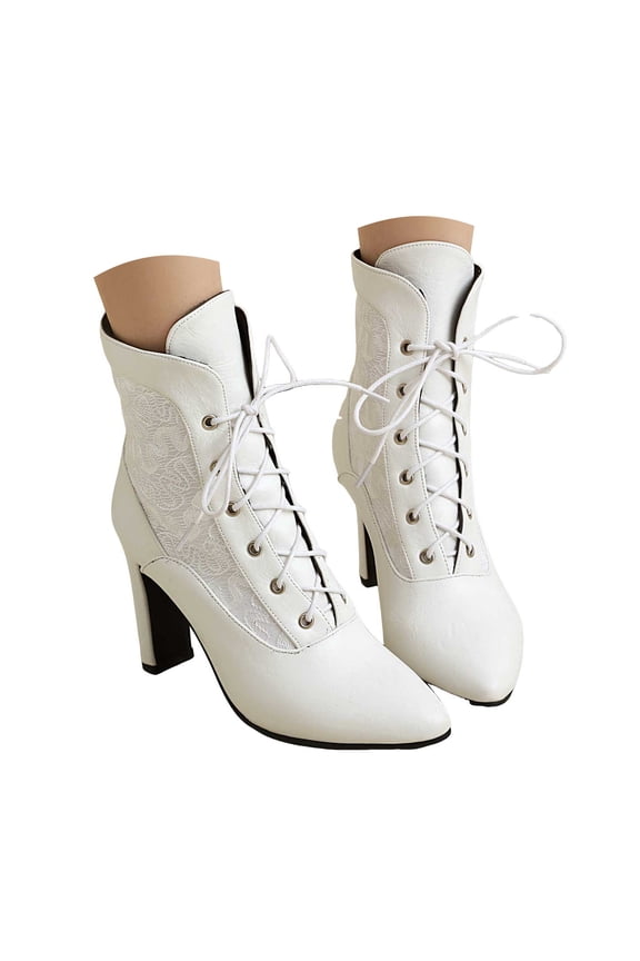 Womens Ankle Booties Lace up Lug Sole Chunky High Heel Vintage Victorian Witch Costume Booties