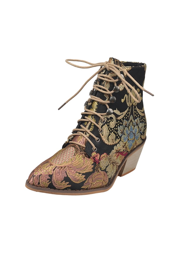 Womens Ankle Booties Vintage Floral Embroidered Block Heel Cowboy Boots Heighten Booties