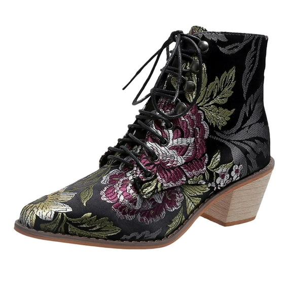 YLYL Womens Ankle Booties Vintage Floral Embroidered Block Heel Cowboy Boots Heighten Booties