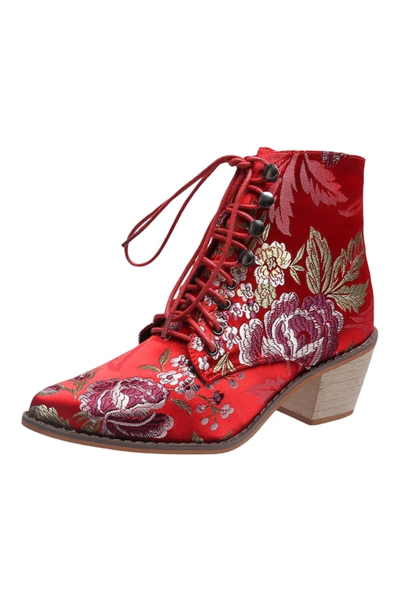 Womens Ankle Boots Vintage Floral Embroidered Chunky Block Heel Pointed Toe Lace up Dress Short Booties