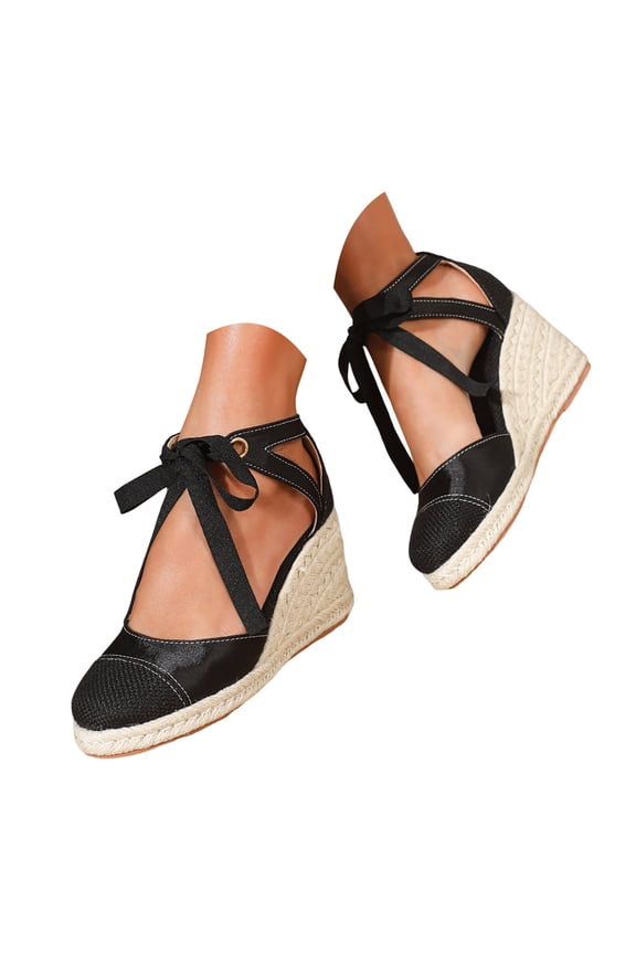 Womens Boho Espadrille Sandals Wedge Platform Heel Closed Toe Ankle Tie Bow Lace up Casual Summer Shoes