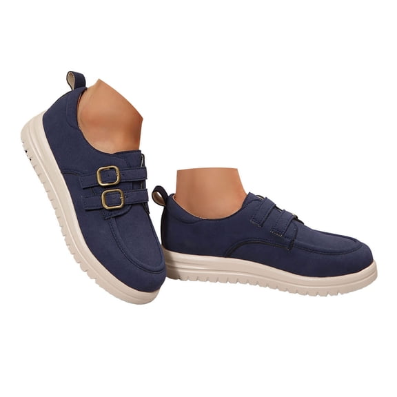 YLYL Womens Canvas Loafers Buckle Strap Round Toe Slip on Lightweight Casual Work Boat Shoes