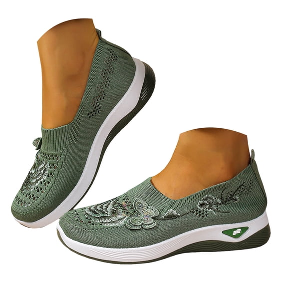 YLYL Womens Embroidered Knit Sneakers Thick Sole No Slip Arch Support Breathable Lightweight Walking Shoes