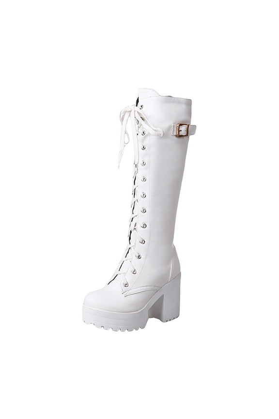 Womens Knee High Boots Buckle Lace up Round Toe Chunky High Heel Goth Punk Riding Tall Boots