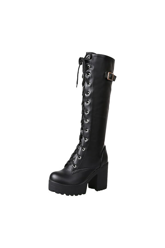 Women's Platform Knee High Boots Buckle Round Toe Chunky High Heel Lace up Goth Punk Combat Military Boots