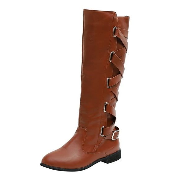 YLYL Womens Knee High Boots Lace up Riding Flat Low Heels Strappy Winter Combat Boots Fashion Strappy Boots