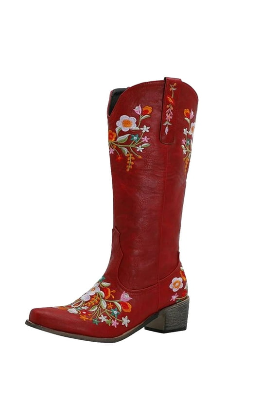 Womens Knee High Boots Snip Toe Chunky Heel Embroidered Pull on Wedding Dress Cowboy Cowgirl Western Boots