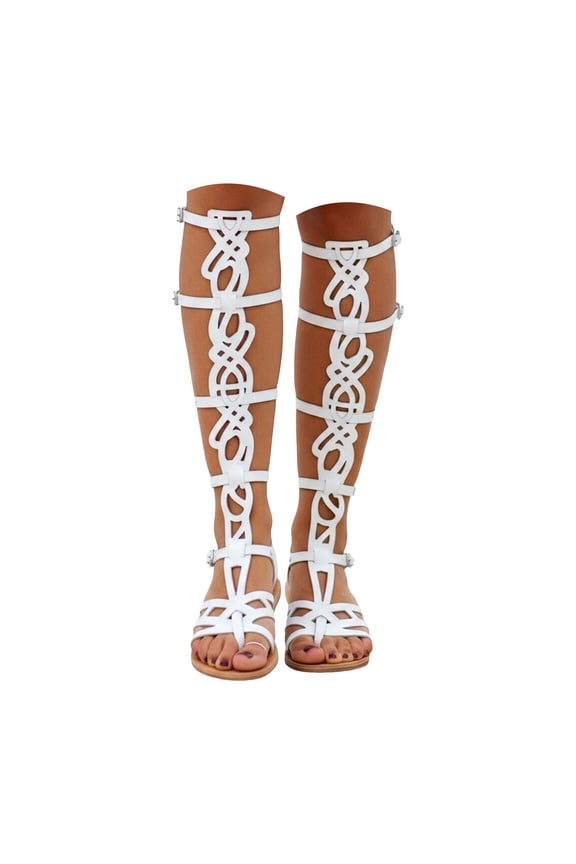 Womens Knee High Caged Gladiator Strappy Flat Sandals Cross Strap Lace up Open Toe Fashion Casual Summer Shoes