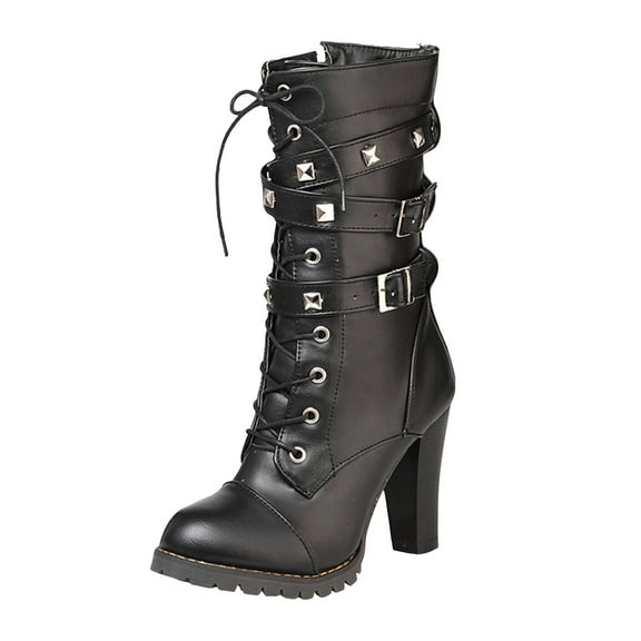 YLYL Womens Lace up Mid Calf Boots Goth Chunky Heel Combat Boots with Buckles