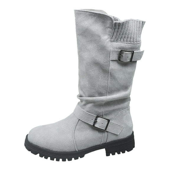 YLYL Womens Mid-Calf Boots Slouchy Pleated Boots Suede Knight Riding Shoes with Buckle Strap Winter Warm Knitted Tall Boot