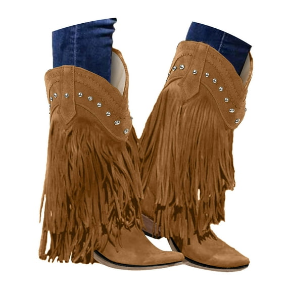 YLYL Womens Mid Calf Fringe Boots Snip Toe Casual Boots Mid Calf Chunky Heels Western Cowboy Cowgirlc Boots