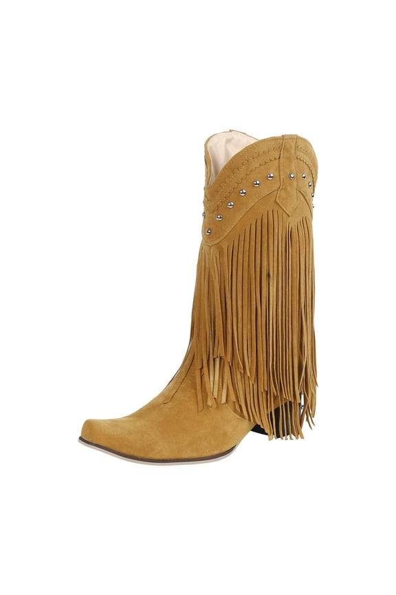 Womens Mid Calf Fringe Boots Snip Toe Casual Boots Mid Calf Chunky Heels Western Cowboy Cowgirlc Boots