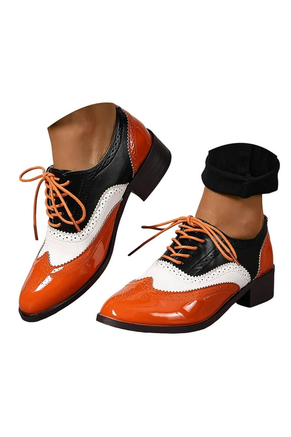 Womens Oxfords Shoes Patent Leather Lace up Chunky Heel Vintage Brogue Saddle Wingtip Shoes