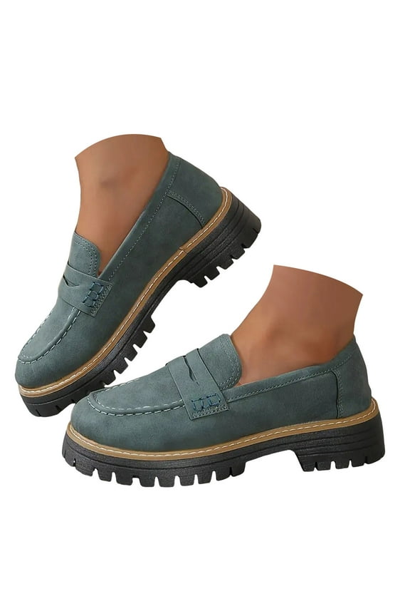 Womens Penny Loafers Chunky Heel Lug Sole Slip-on Fashion Casual Business Work Office Dress Shoes