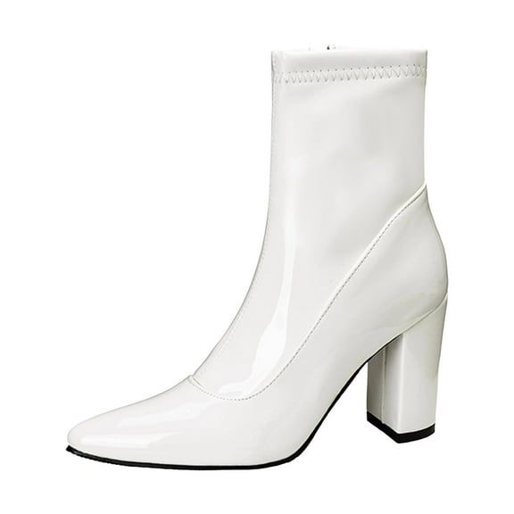 YLYL Womens Pointed Toe Ankle Booties Chunky High Heel Boots Side Zipper Patent Leather Boots