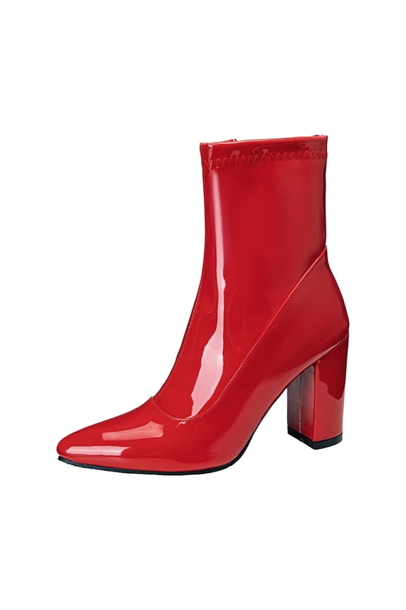 Womens Pointed Toe Ankle Booties Chunky High Heel Boots Side Zipper Patent Leather Boots