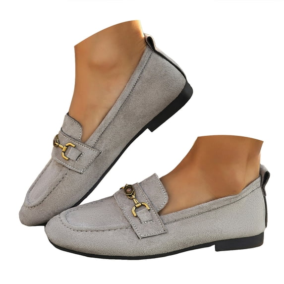 YLYL Womens Suede Loafers Vintage Metal Buckle Square Toe Slip on Comfortable Casual Office Work Flat Shoes