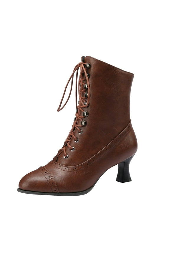Womens Vintage Victorian Ankle Boots Almond Toe Low Kitten Heel Lace up Witch Costume Booties
