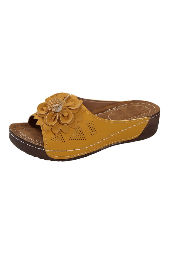 Womens Boho Wedge Platform Slippers 3D Flower Open Toe Slip on Dressy Casual Summer Beach Shoes