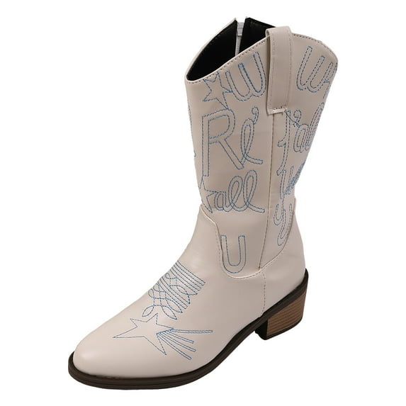 YLYL Womens Western Cowboy Pointed Toe Boots Embroidered Low Block Heel Wide Mid-Calf Cowgirl Non Slip Side Zip Shoes