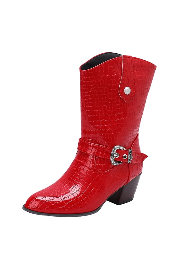 Womens Wide Mid Calf Boots Block Heel Pointed Toe Buckle Casual Dressy Walking Shoes