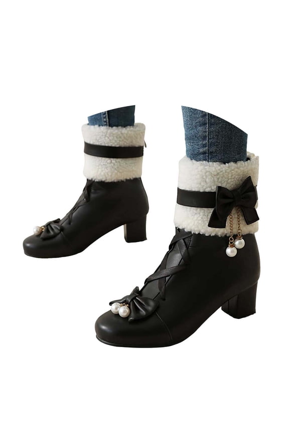 Womens Winter Snow Boots with Pearl Bow Chunky Mid Heel Back Zipper Cosplay Gothic Ankle Boots
