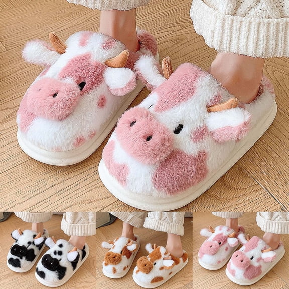 YM 3D Cow Slippers for Women, Men & Teens, Warm Animal House Slippers, Comfy Winter Home Shoes Cute Fuzzy Slippers for Women