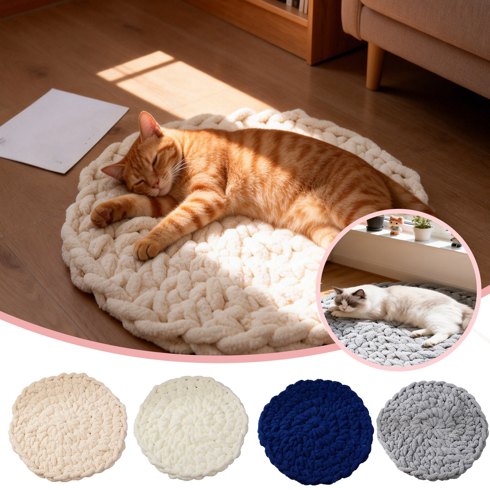 YM Cat Knitted Bed Mat, Extra-Soft Washable Warm Round Pads Cushions for Indoor Kittens, Cat Trees Towers, for Kneading and Sleeping, Cat Gift