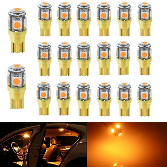 YM E-Bright Amber T10 194 LED Bulbs 5050 5 SMD Chipset for Car Instrument Lamp truck Interior Dome Map Door Courtesy Marker License Plate Lights Wedge 168 2825 Newest Generation DC-12V Pack of 20