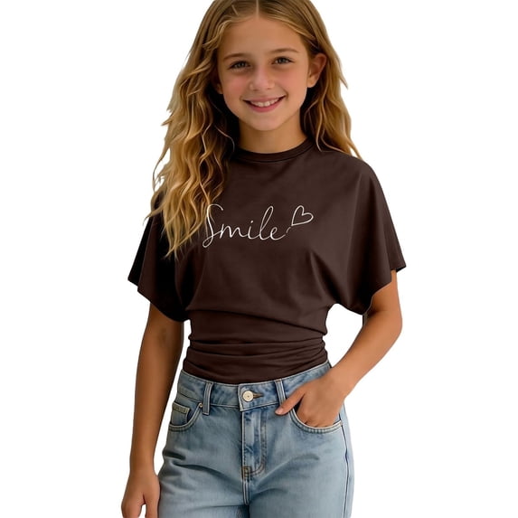 YM Girls Oversized Tshirts Brown for 7-8years,Girls Casual Short Sleeve T Shirt With Elastic Waistband Comfortable Round Neck Tee for Daily Wear And