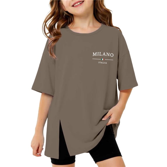 YM Girls T-Shirts Brown for 11-12 Years,Girls Split Short Sleeve T Shirt Round Neck Casual Tee Top for Kids Comfortable Soft Daily Wear