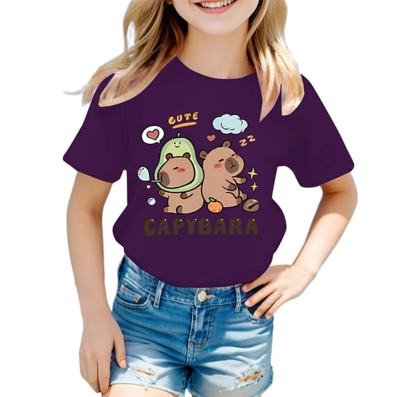 YM Girls T Shirts Oversize Purple for 10-12 Years,Girls' Round Neck Cartoon Animal Patterned Printed Loose Casual Short Sleeved T Shirt
