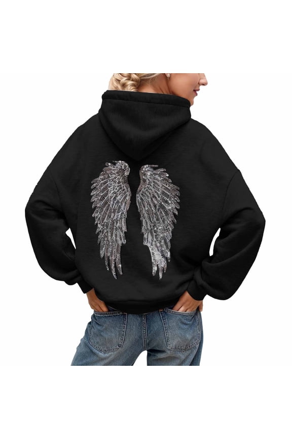YM Hoodies for Women Silver Sequin Angel Wings Design Hoddie White Sweatshirt Women Casual Pullover Sweatshirt Women's Fashion Hoodies & Sweatshirts