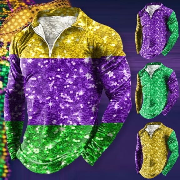 YM Mardi Gras T-shirt for Men Long Sleeve Quarter Zip Pullover Carnival Celebration Shirts Funny Graphic Print Collared Shirts Summer Tops for Men