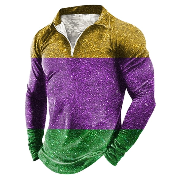 YM Mardi Gras T-shirt for Men Long Sleeve Quarter Zip Pullover Carnival Celebration Shirts Funny Graphic Print Crew Neck Shirts