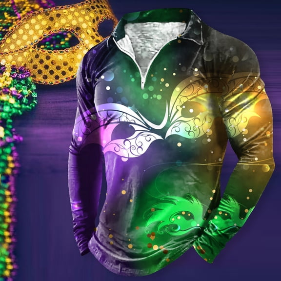 YM Mardi Gras shirt for Men Long Sleeve Quarter Zip Pullover Tops Carnival Celebration Shirts Funny Mardi Gras Mask Graphic Print V Neck Tee Shirts