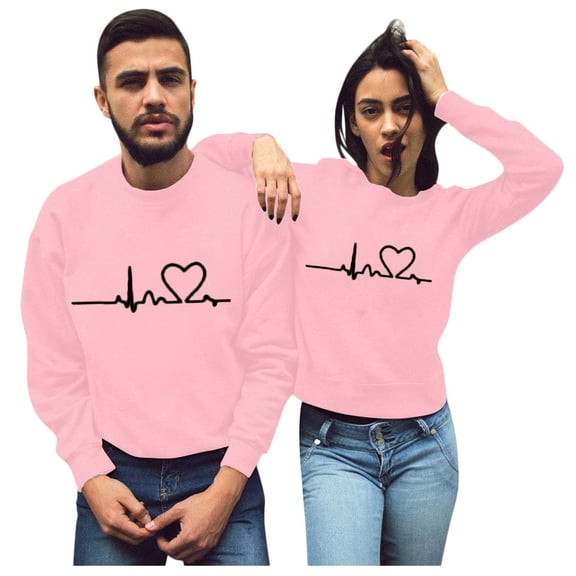 YM Matching Couple Sweatshirts Valentine Day Couple Matching Lovers Heartbeat Signal Printing Sweatshirt Spring Pullover Top