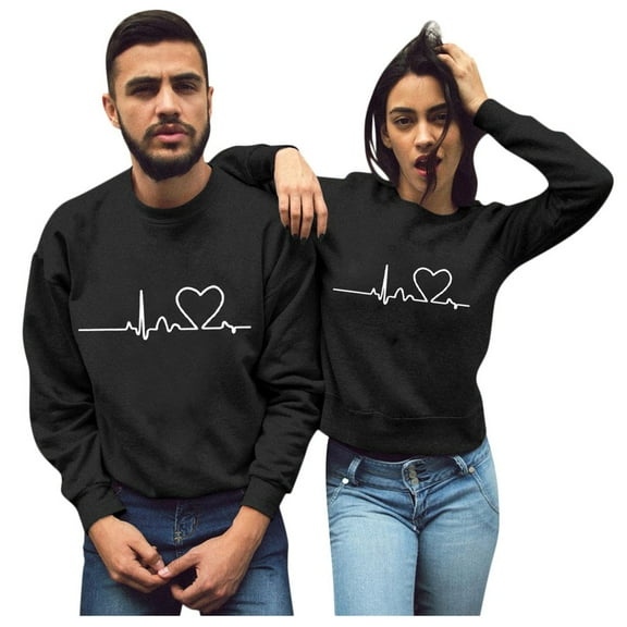 YM Matching Couple Sweatshirts Valentine Day Couple Matching Lovers Heartbeat Signal Printing Sweatshirt Spring Pullover Top