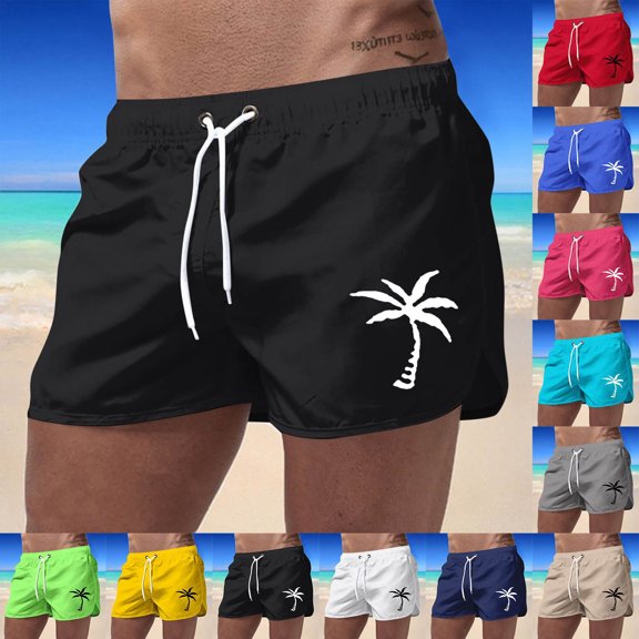 YM Men Swimming Trunks Coconut Tree Print Quick Dry Board Shorts Elastic Waist Summer Swimsuits with Pockets