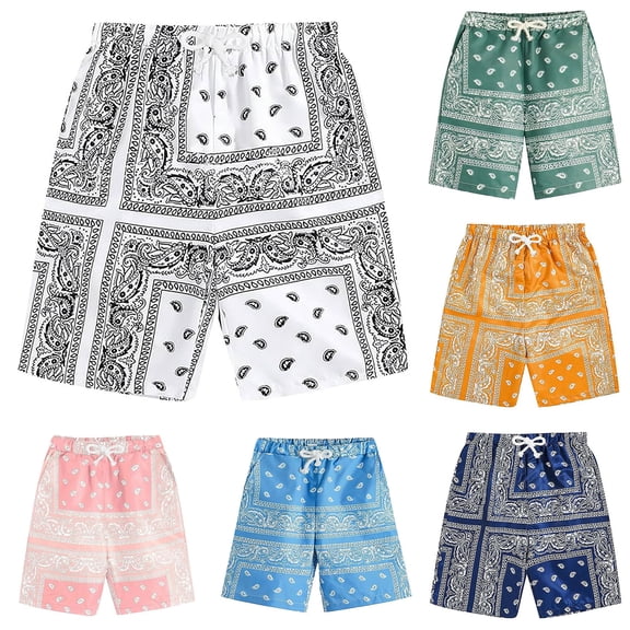 YM Men's Boho Tribal Paisley Print Drawstring Waist Summer Beach Hawaiian Cool Graphic Shorts Men