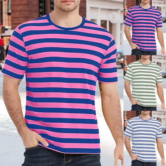 YM Mens T-shirts Casual Striped Shirts Mens Short Sleeve Color Block Soft Summer Holiday Travel Basic Pullover Crew Shirt Plus Size Shirts