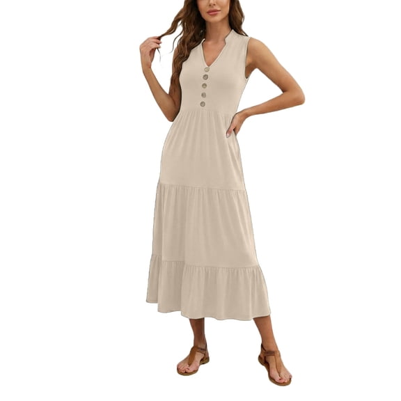 YM Summer Dresses for Women Sleeveless V Neck Button Beach Sundress Tiered Ruffle Flows Skirt Midi Dresses 2026 Tank Dress Summer Spring Boho Vacation Clothes
