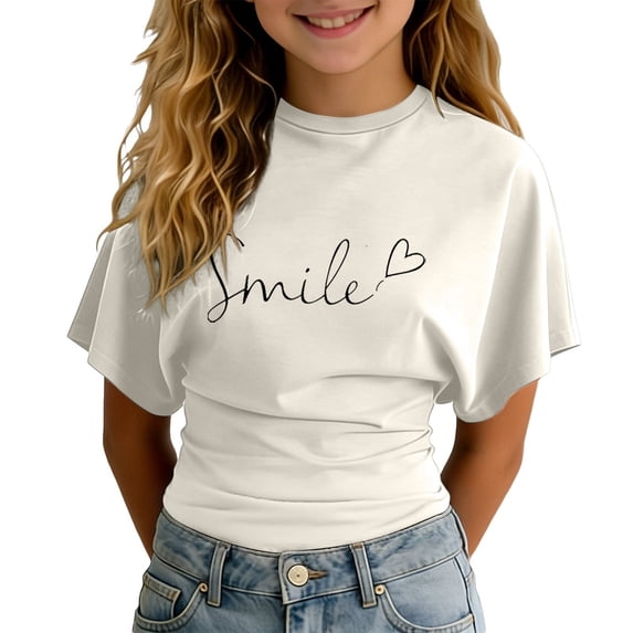 YM Toddler Tees Beige for 13-14years,Girls Casual Short Sleeve T Shirt With Elastic Waistband Comfortable Round Neck Tee for Daily Wear And