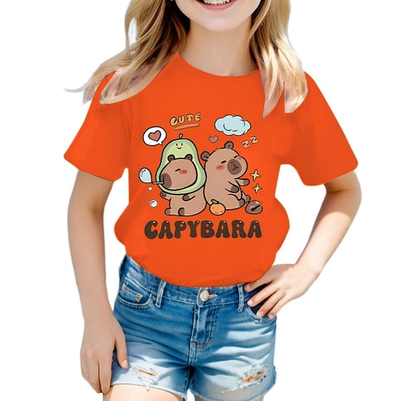 YM Toddler Tshirts Girls Orange for 10-12 Years,Girls' Round Neck Cartoon Animal Patterned Printed Loose Casual Short Sleeved T Shirt