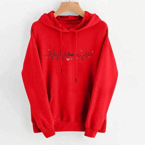 YM Valentines Sweatshirt for Women Heart Hoodies Valentine's Day Drawstring Long Sleeve Sweatshirts Cute Holiday Pullover Tops with Pockets Valentines Day Shirts Women