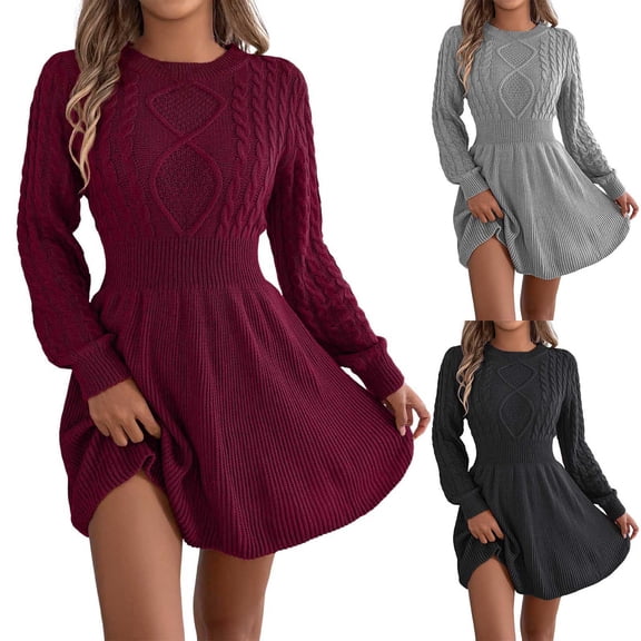 YM Women's Short Sweater Dress, Cinched Waist Long Sleeve Crewneck Cable Knit Dresses, Fall Winter Casual Outfits