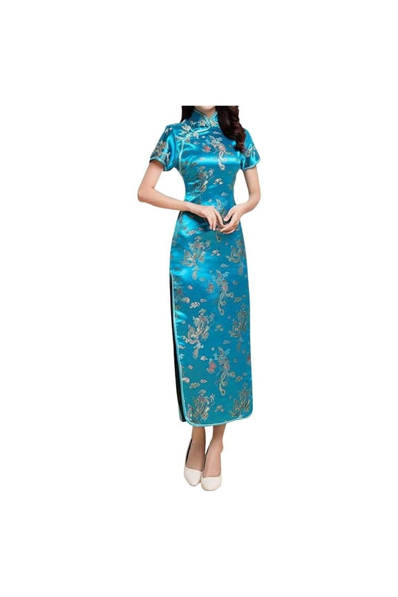 YM Womens Cheongsam Short Sleeve Summer Dresses Traditional Crane Printed Mandarin Collar Side Split Length Qipao Chinese Style Dress New Year Gift