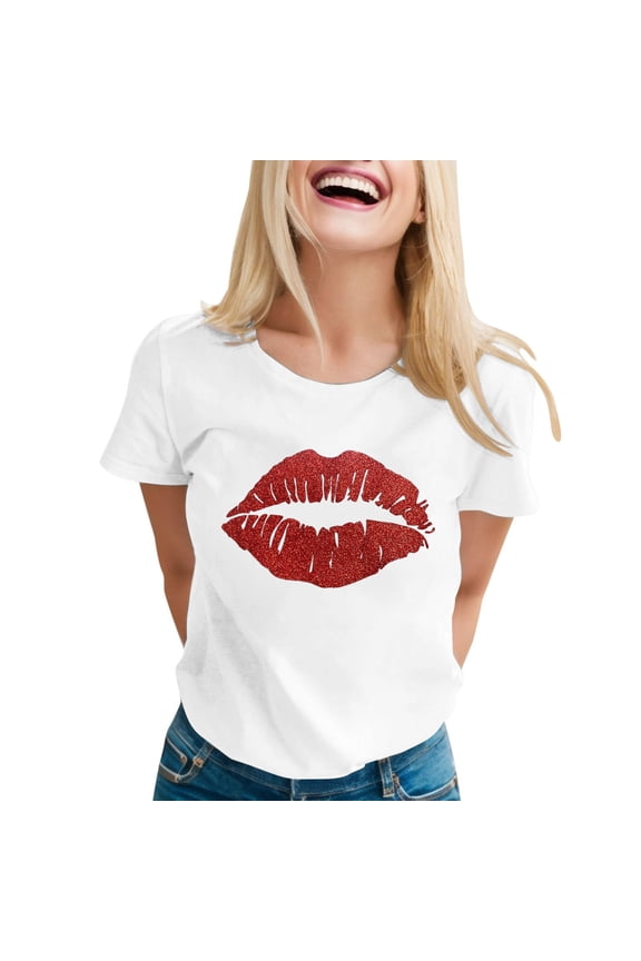 YM Womens Lips Graphic Shirt Valentines Cute Shorts Sleeve Girl Friend Pullover Blouses Wife Holiday Casual Fashion Tee