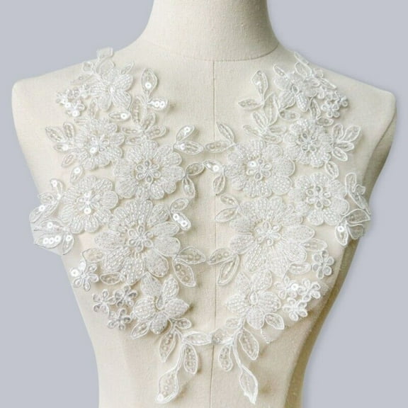 YM YOUMU 1 Pair Beaded Sequins Applique Lace Floral Embroidered Patch for Wedding Dress
